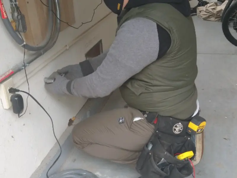 Electrician performing outlet wiring in a Seaford garage